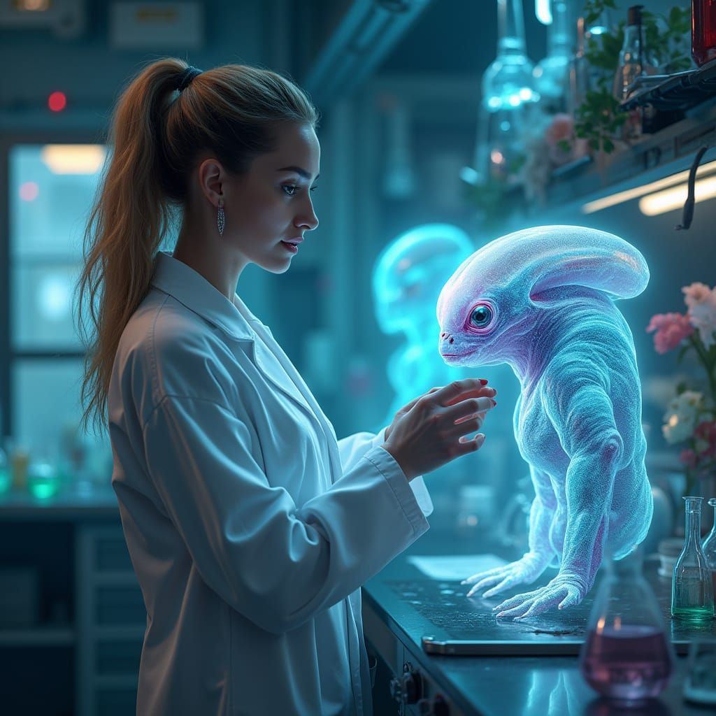 Scientist Examines Alien Specimen in Advanced Lab