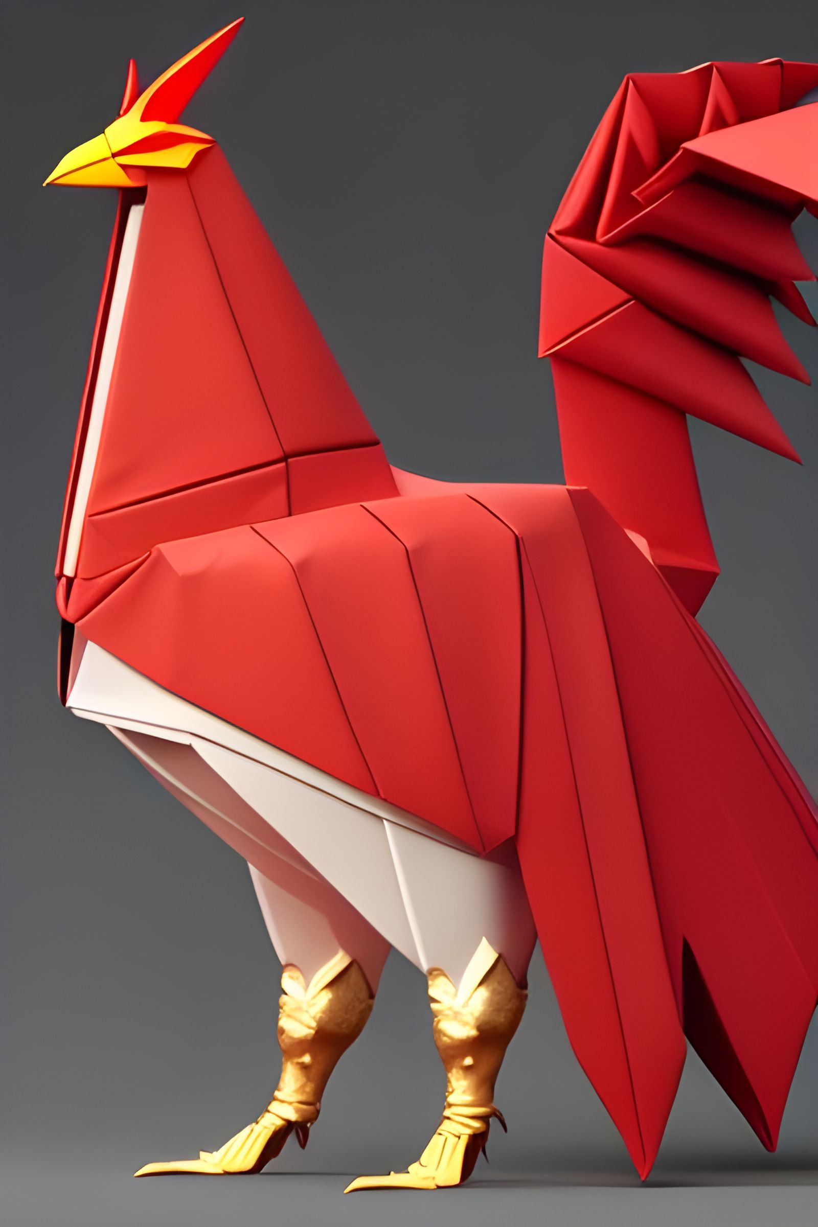 Origami Red Rooster with 3D Shading and Vapor Smoke