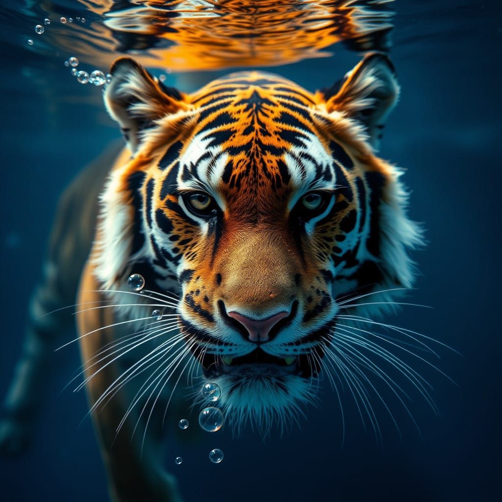 Tiger in Prismatic Underwater Scene with Bioluminescent Acce...