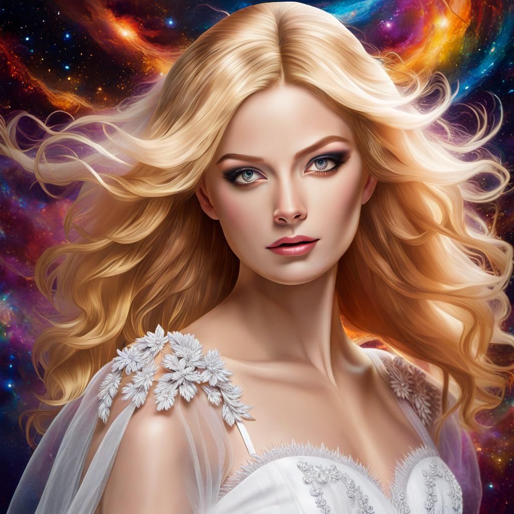 Auburn Blonde in White Tulle: Holographic Astral Illustratio...