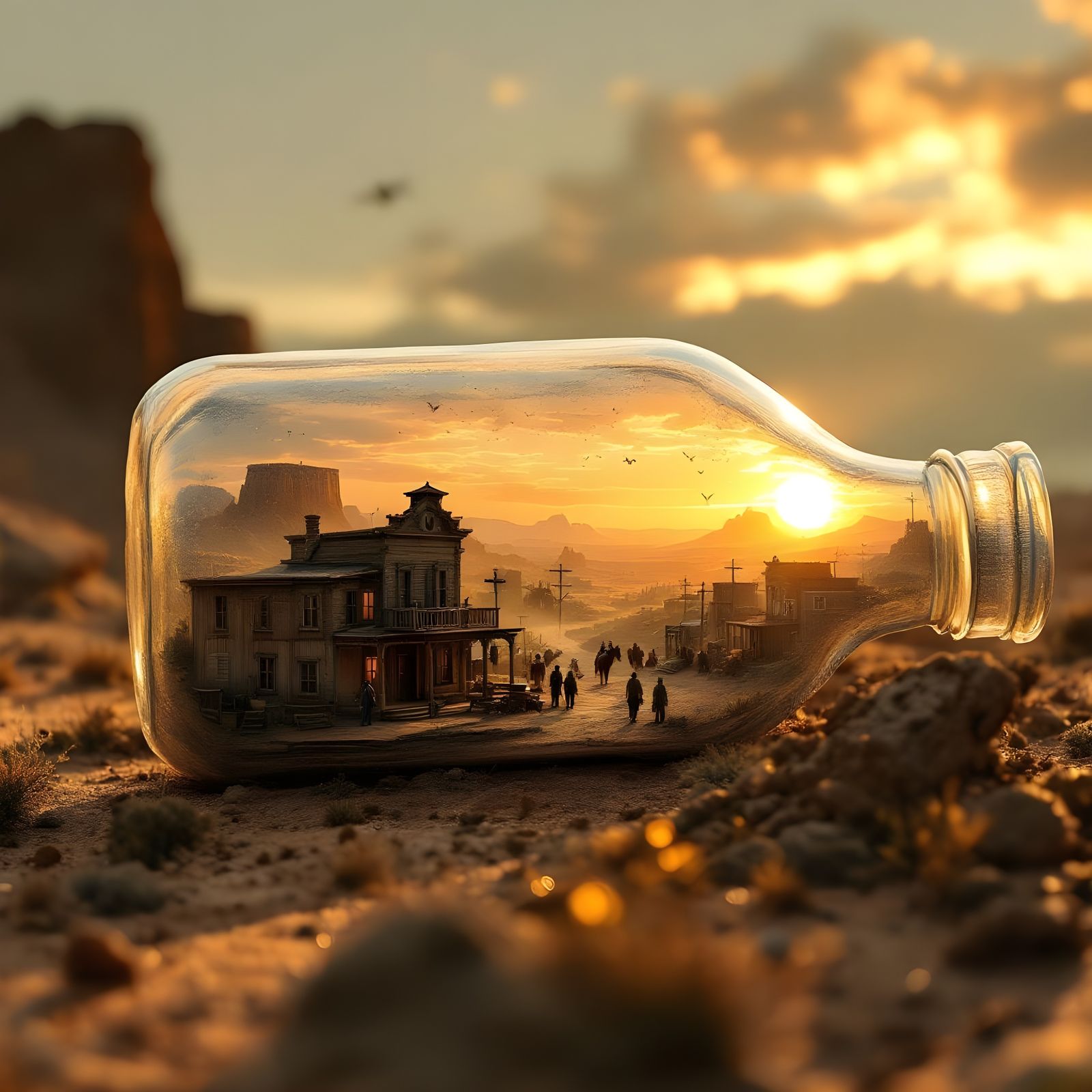 Microscopic Old West Town in Milk Bottle