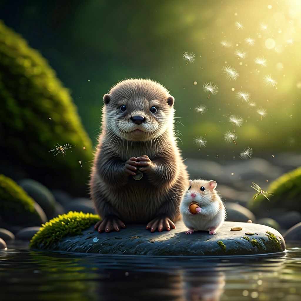 A photorealistic scene of a tiny baby otter and a tiny baby ...