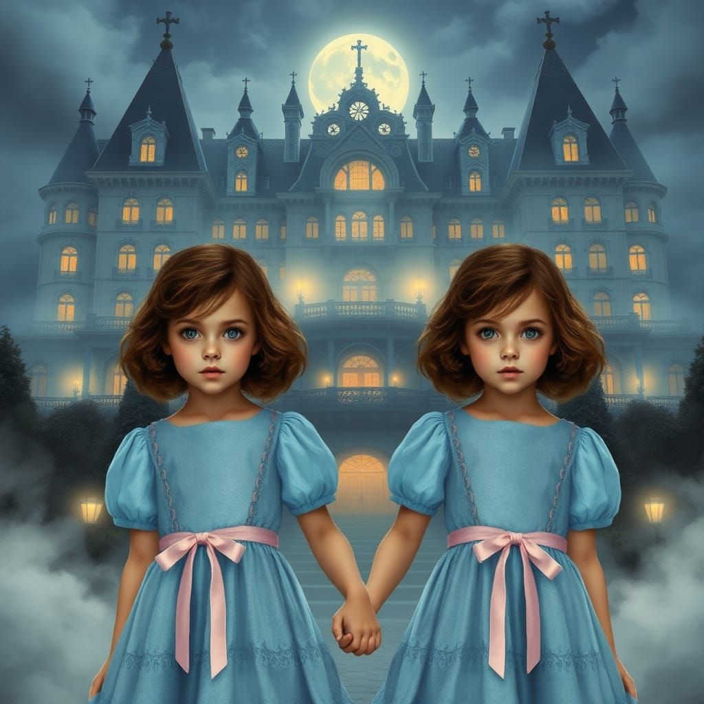 Eerie Grady Twins Summoning Shadows in Misty Moonlight