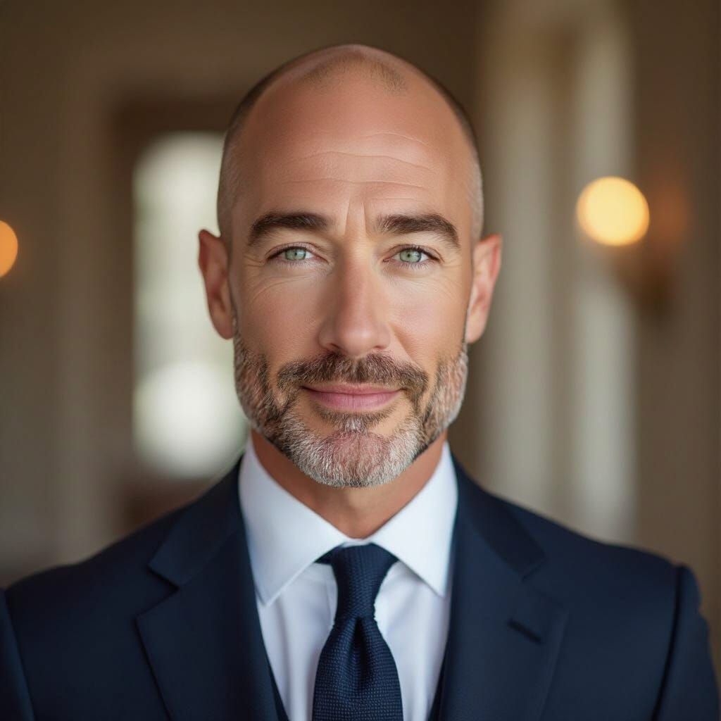 Dignified Man in Navy Suit, Painterly Realism Style