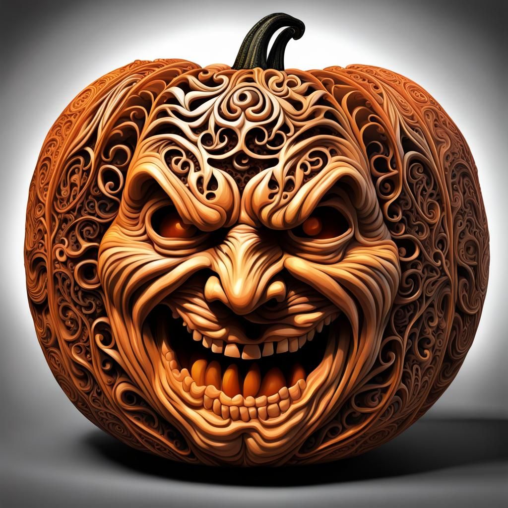 Intricately Carved Halloween Pumpkin Screaming in Desperatio...