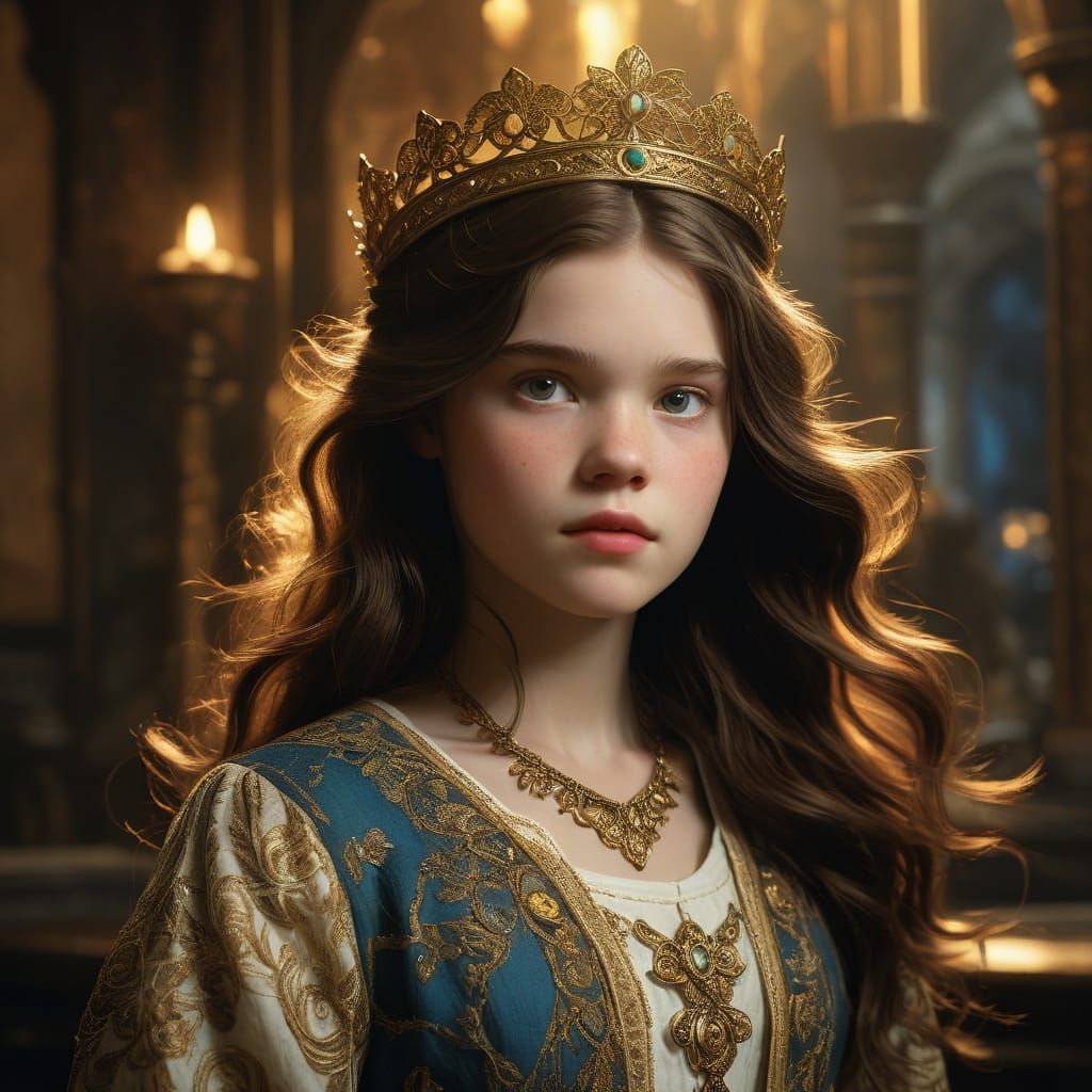 Regal Girl in Golden Coat with Ethereal Glow