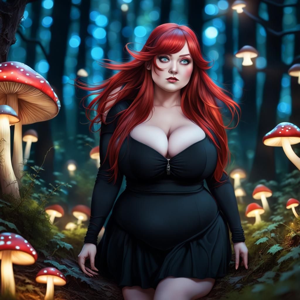 Anime Mushroom Woman in Magic Forest at Night