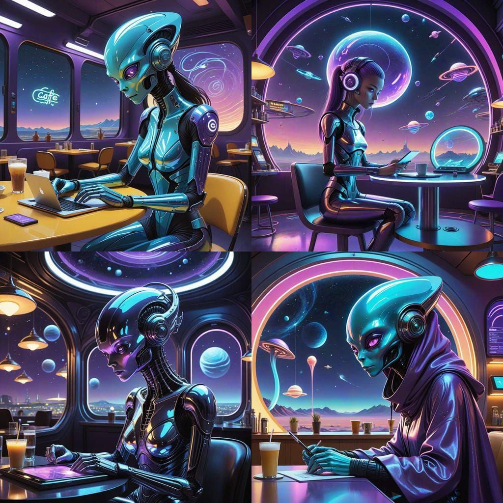 Alien in Space Cafe Creating AI Art