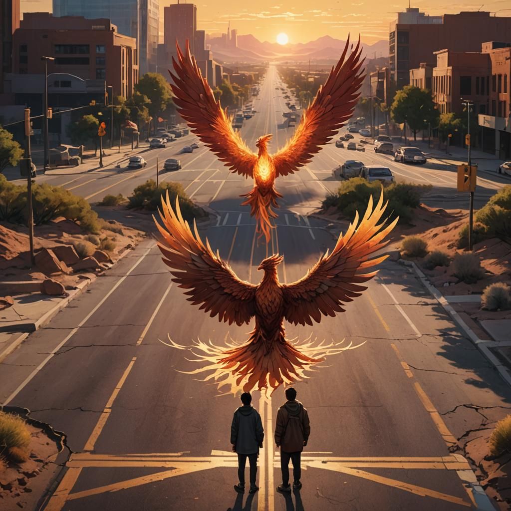 Crossroads Choice: Phoenix Rising in Golden Light