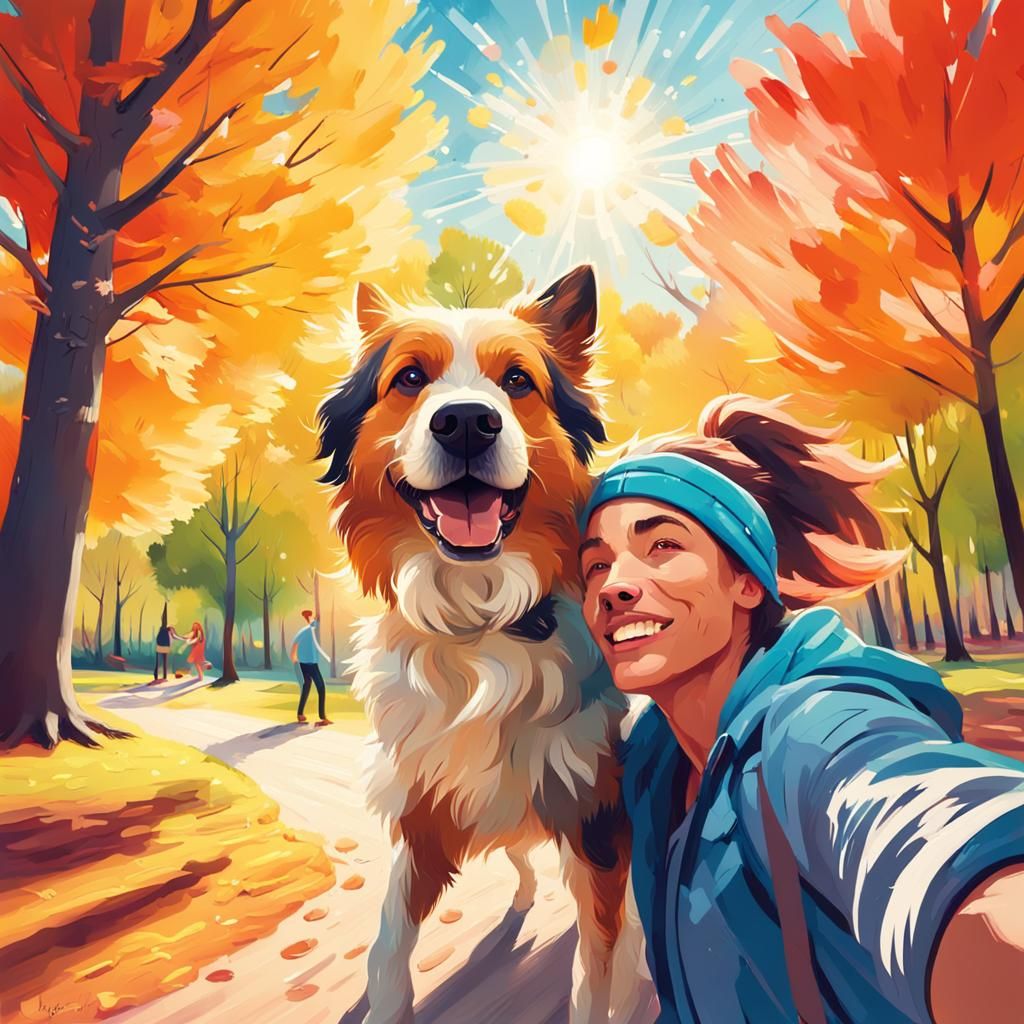 Couple's Selfie with Playful Dog in Impressionistic Style