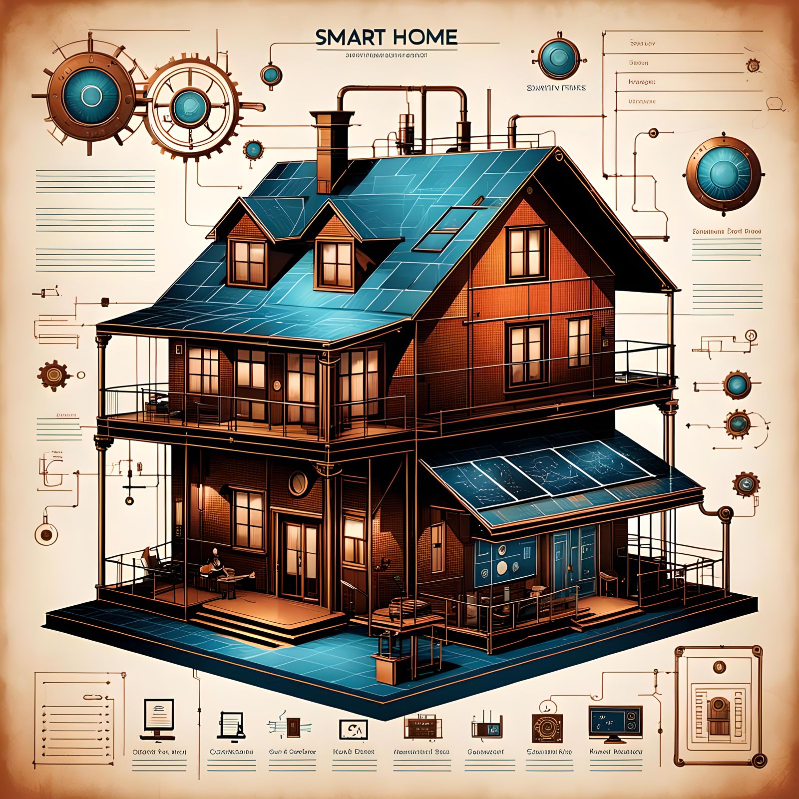 Smart Home Diagram in Bauhaus-Steampunk Style