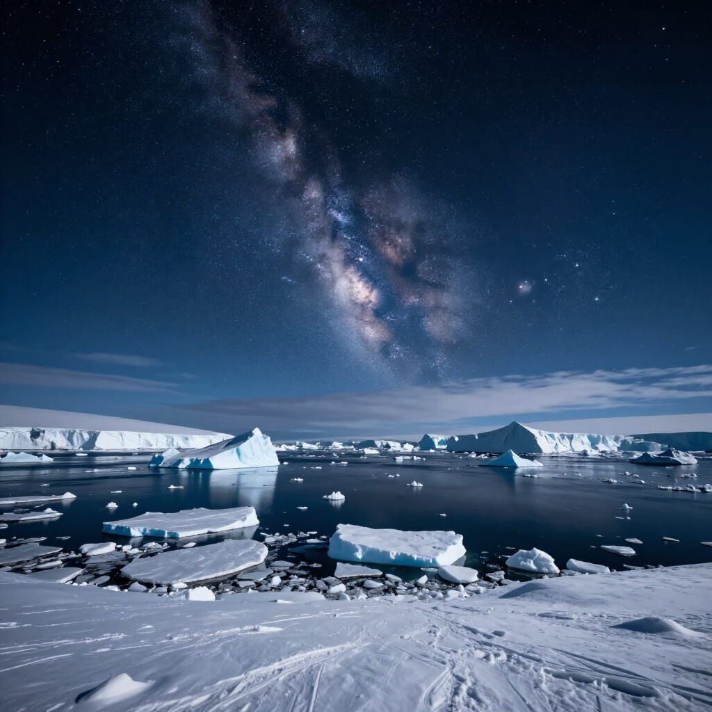 Antarctic Night Sky Over Icy Landscape
