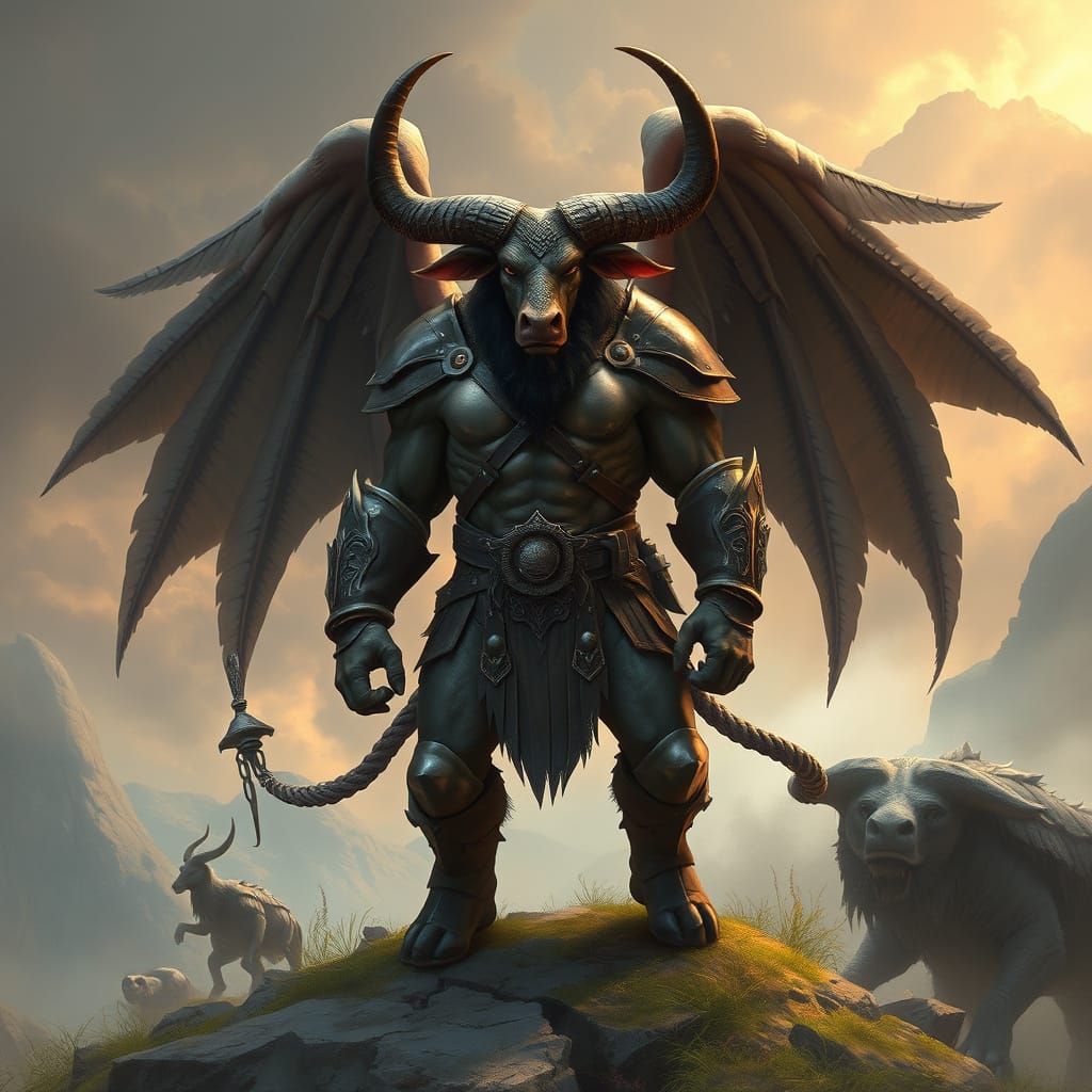 Winged Minotaur in Dreamlike Fantasy Landscape
