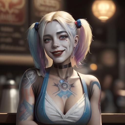 Harley Quinn as Barista: Hyperdetailed Art Nouveau Portrait