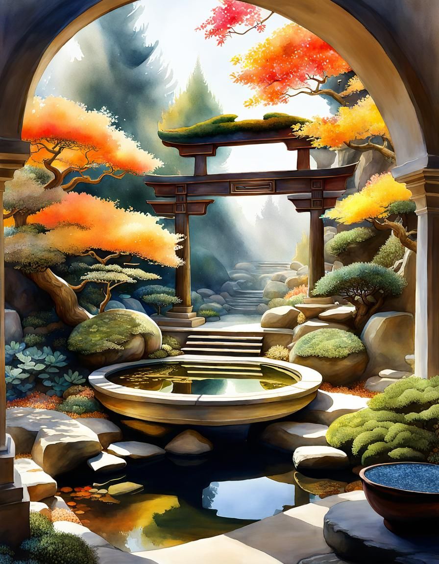 Magical Zen Garden in Watercolor Double Exposure