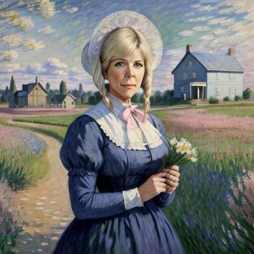 Prairie School Marm in Field of Flowers, Impressionistic Sty...
