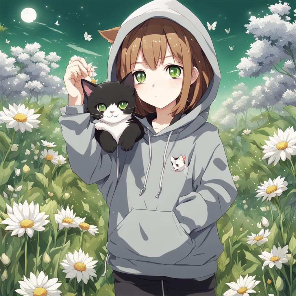 Anime Girl with Kitten in Flower Field