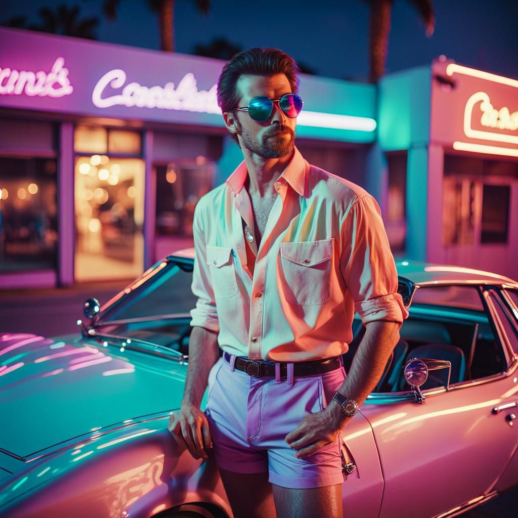 Synthwave Handsome Man with Retro Sports Car