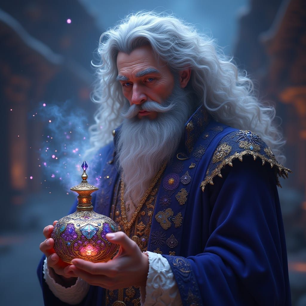Middle Aged Man with Luxuriant Curly Hair and Genie Bottle