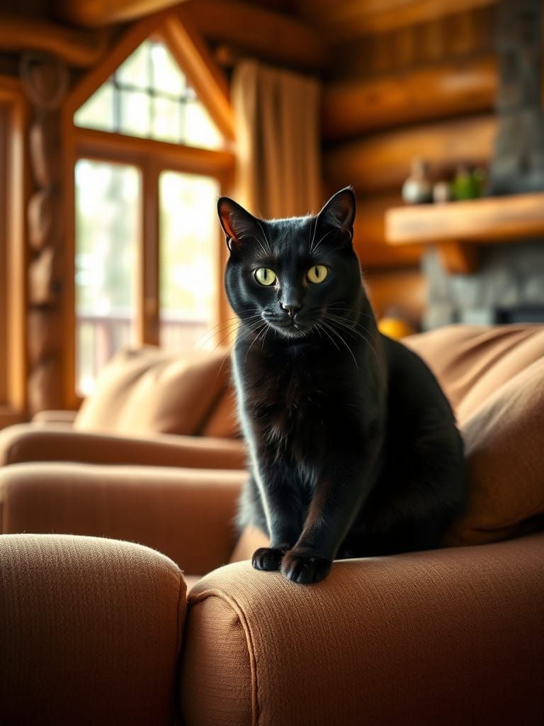 Regal Black Cat on Plush Armchair in Cozy Cabin
