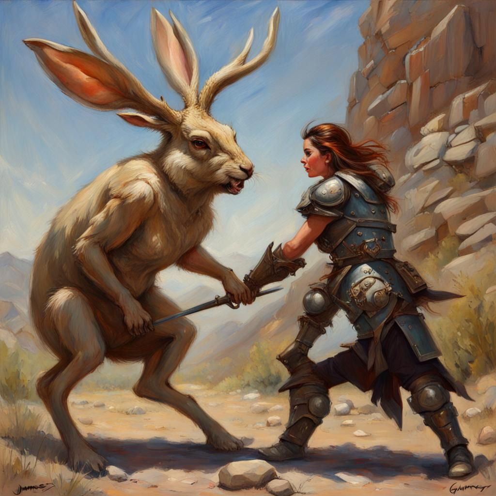 Jackalope Monster Battle, Oil Painting