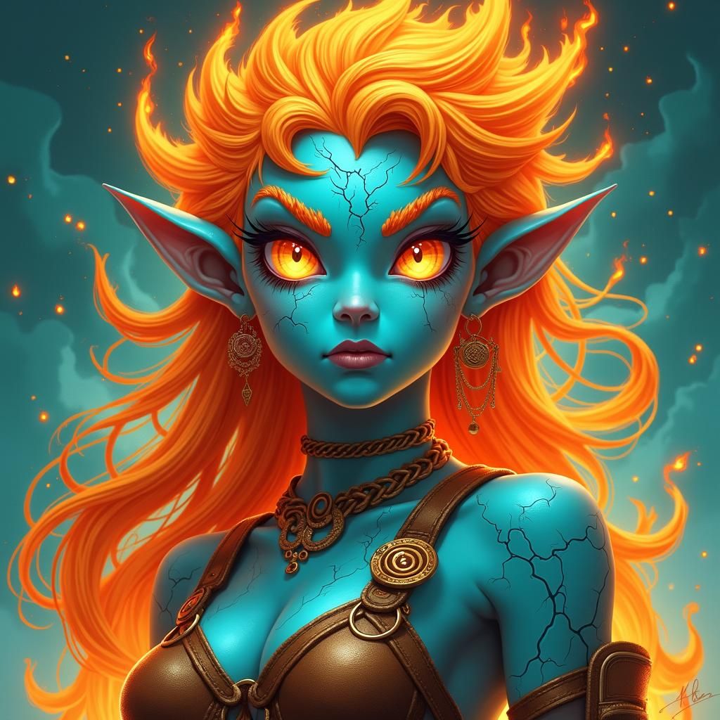 Ethereal Turquoise Character in a Fiery Fantasy