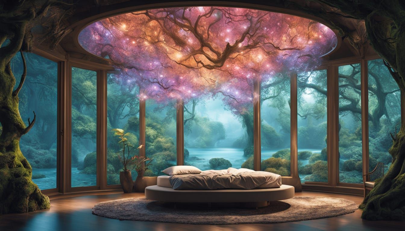 Imaginative Nest Bed in Glass Room with Lotuses