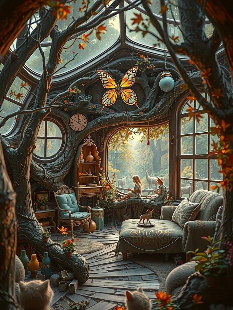 A surreal scene of two mystical fairy children sitting beside a large picture window, looking outside, their backs to th...
