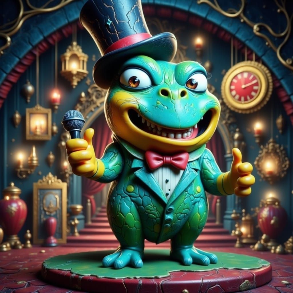 Whimsical Opera House Stage with Charismatic Bullfrog Singer