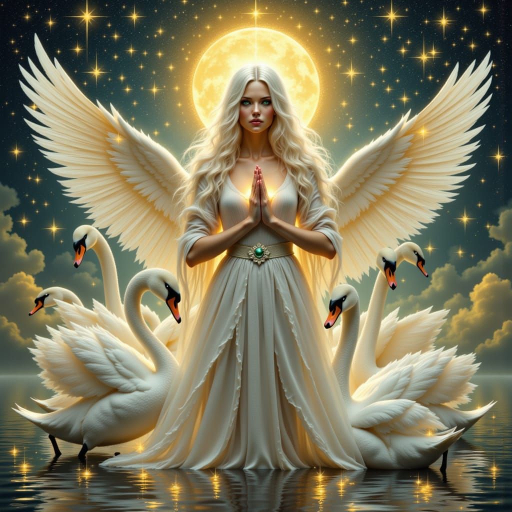 Mysterious Goddess Embodiment of Swans in Ethereal Light