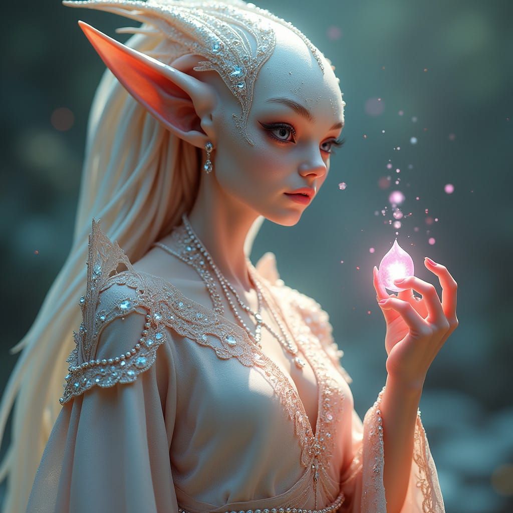 Ethereal Alien Goddess in Rose-Pink Hues and Glittering Crys...