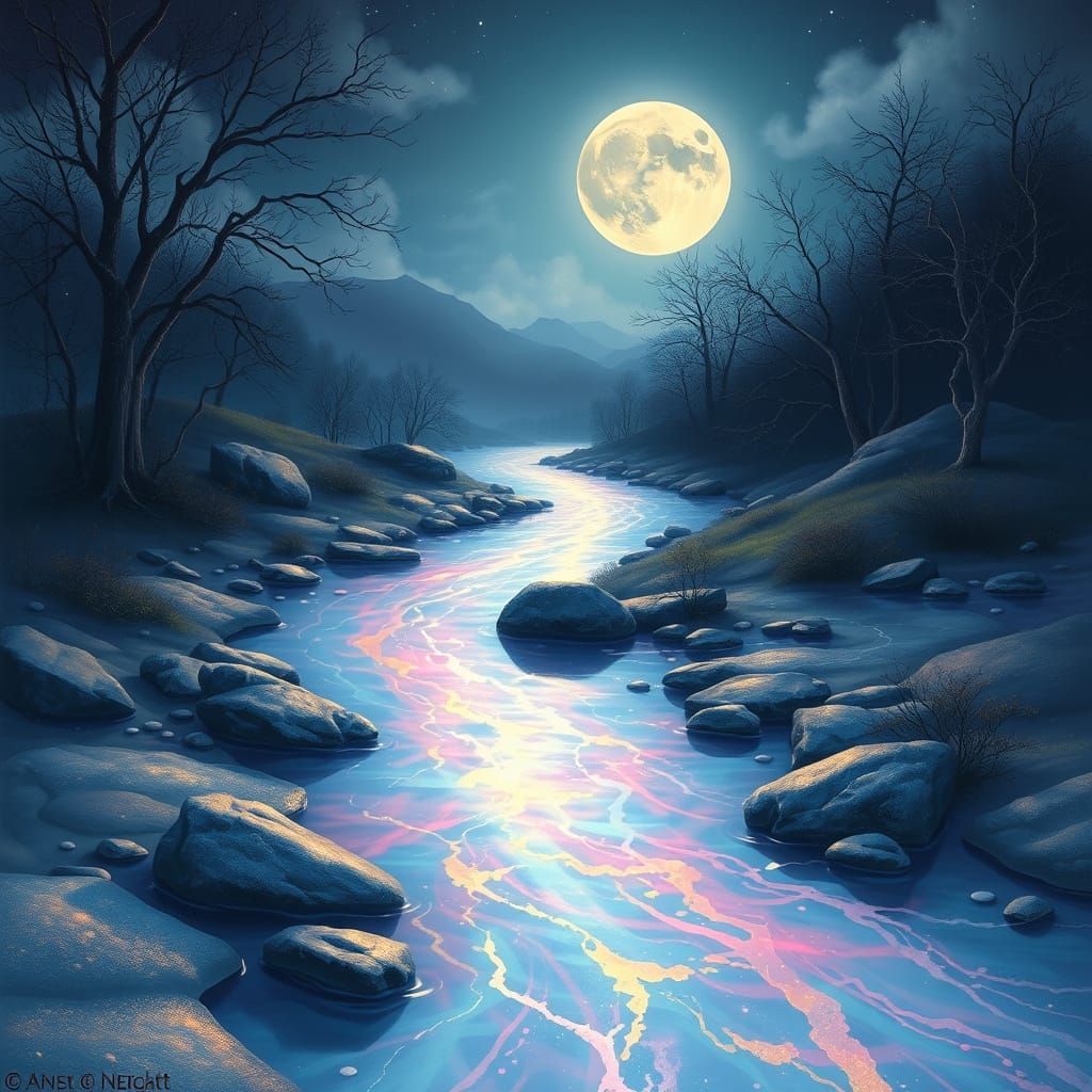 Iridescent Moonlit River in Dreamlike Art Nouveau Landscape