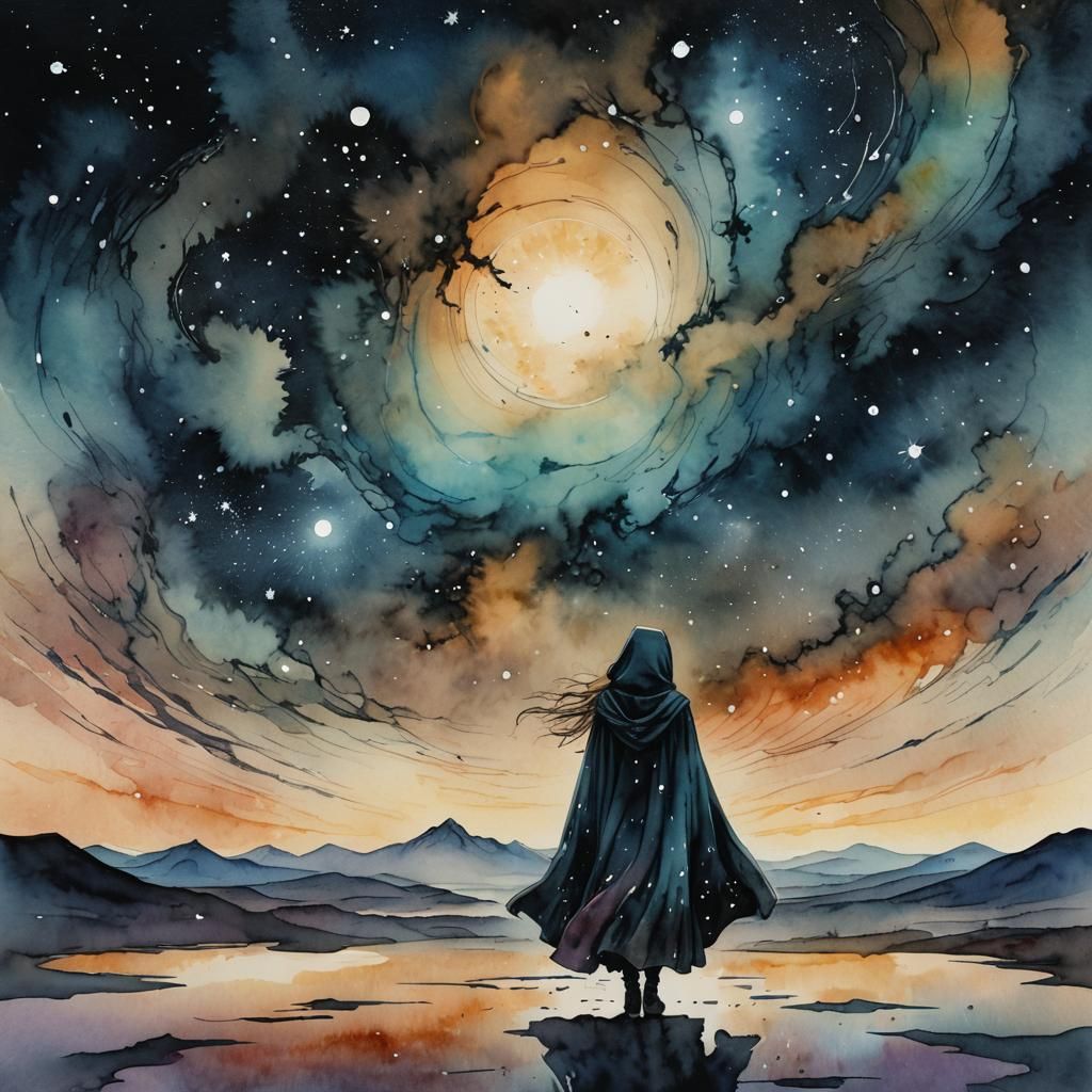 Surreal Girl Gazing at Starry Expanse in Watercolor