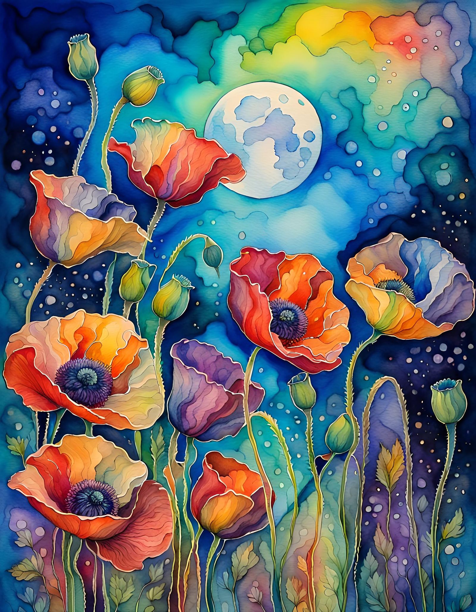 Rainbow Poppies Bloom Under Ethereal Moonlight