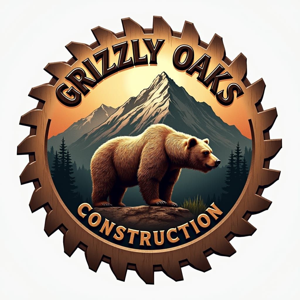 Grizzly Bear Construction Logo on Mountain Peak