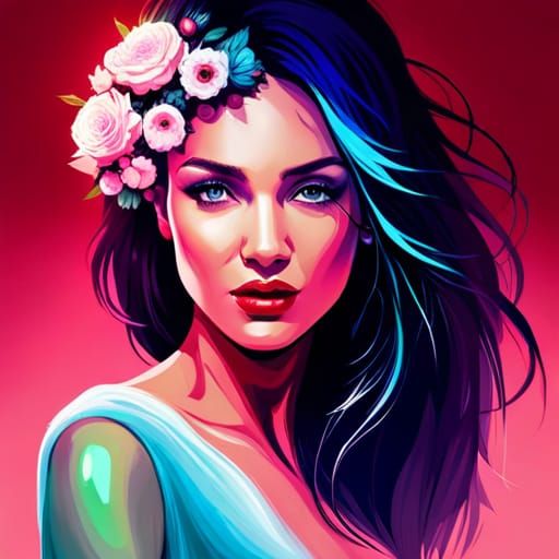 Cosmic Goddess Portrait with Flowers, Digital Painting