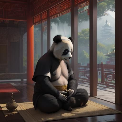 Panda Monk Meditating at Buddhist Temple