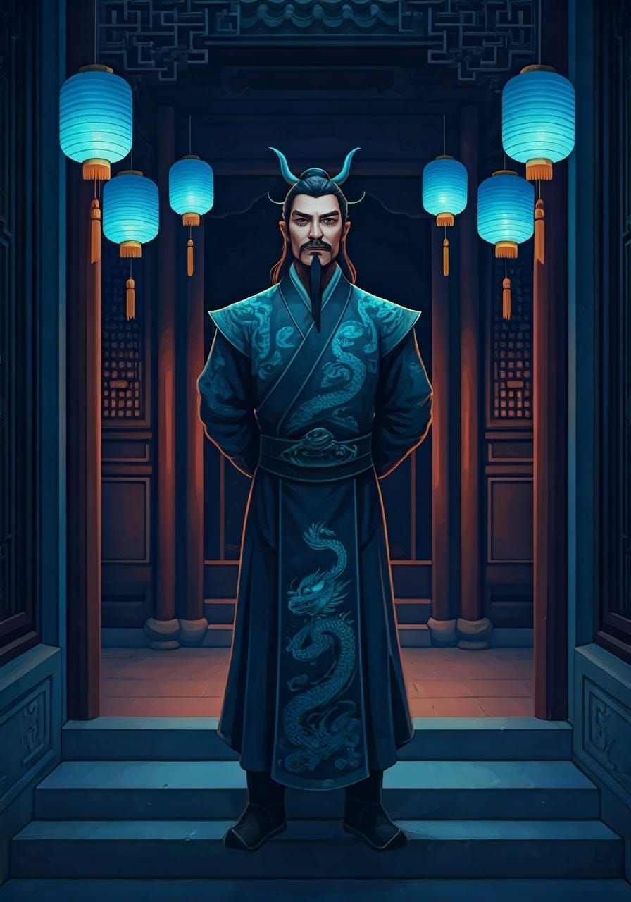 Stately Chinese Gentleman in Traditional Robe with Turquoise...