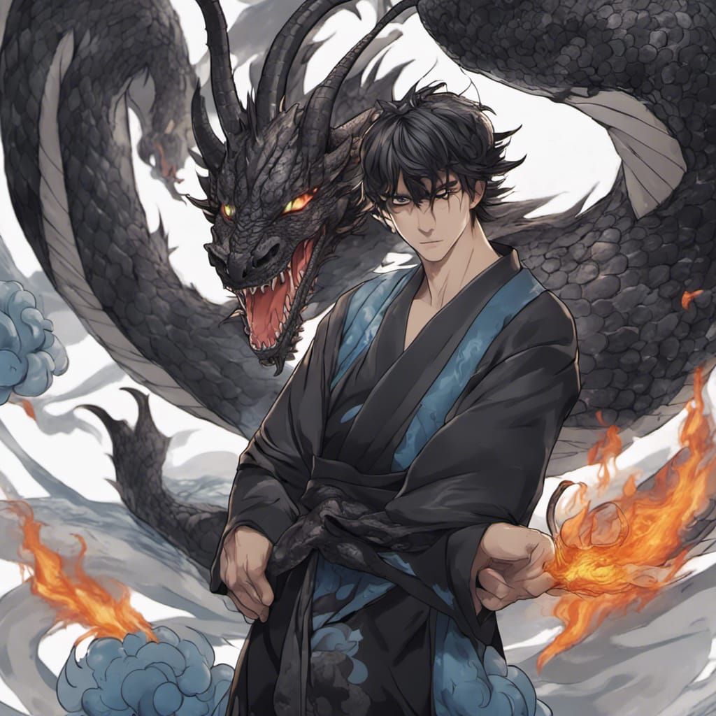 Black Dragon with Blue Flame and Handsome Man