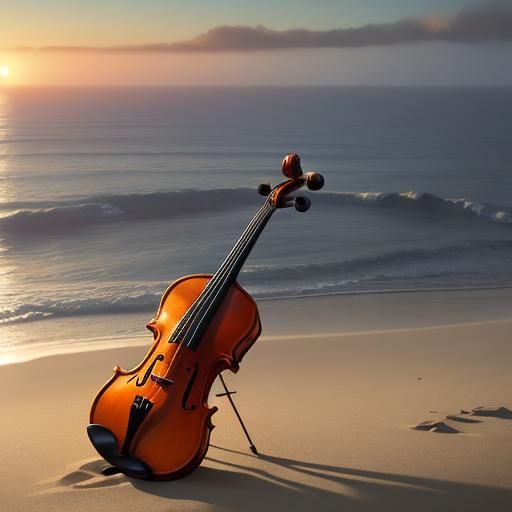 Butterfly Violinist on Misty Beach: Hyperrealistic Art