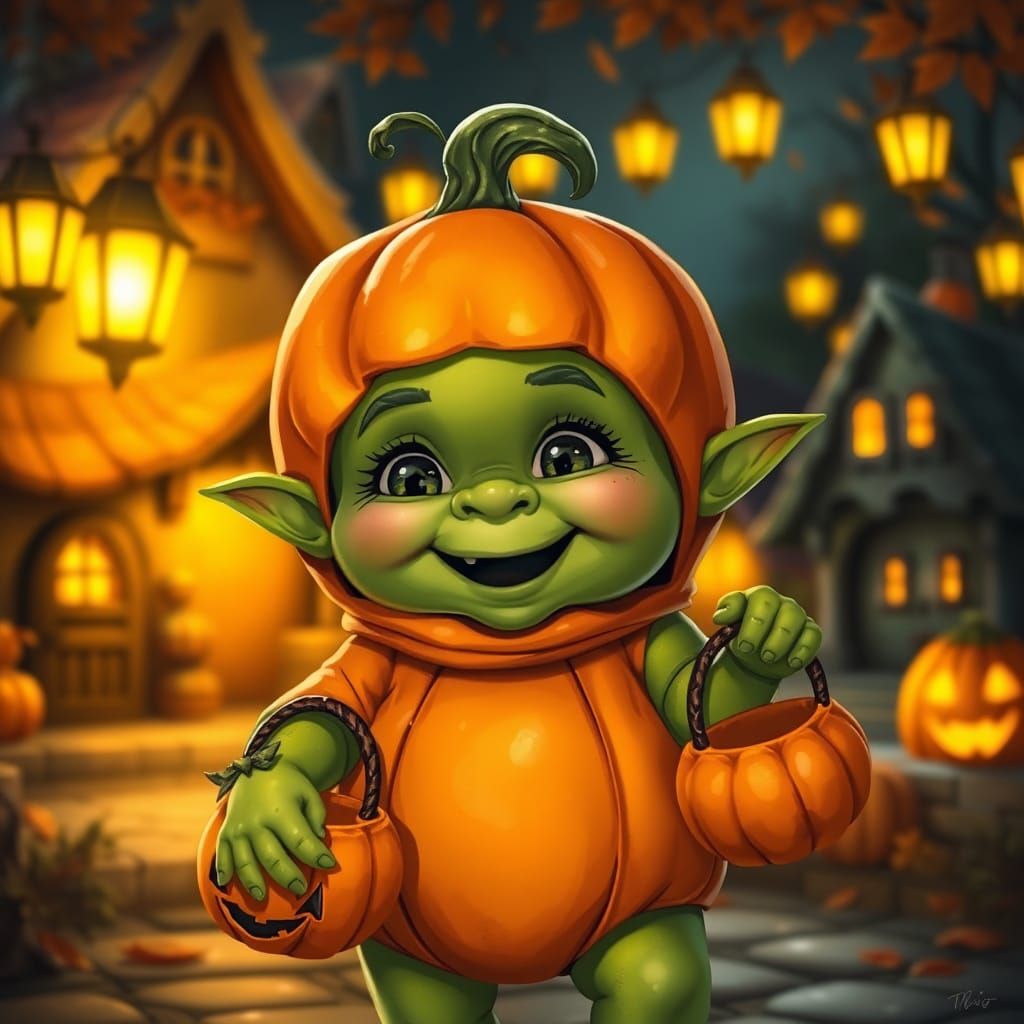 Playful Orc Baby in Pumpkin Costume