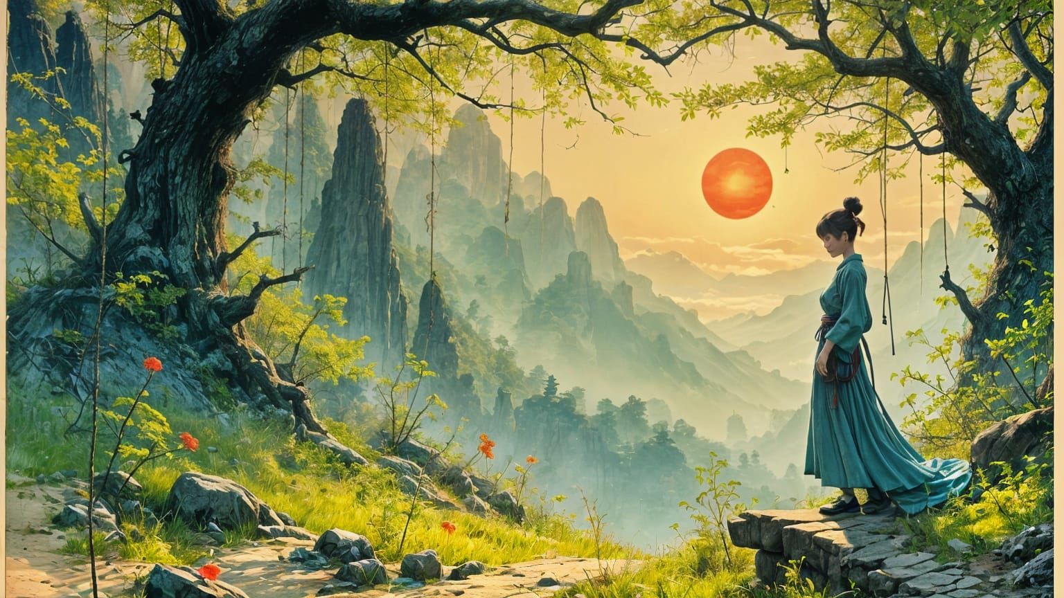 Woman in Red Kimono Among Cherry Blossoms in Spring