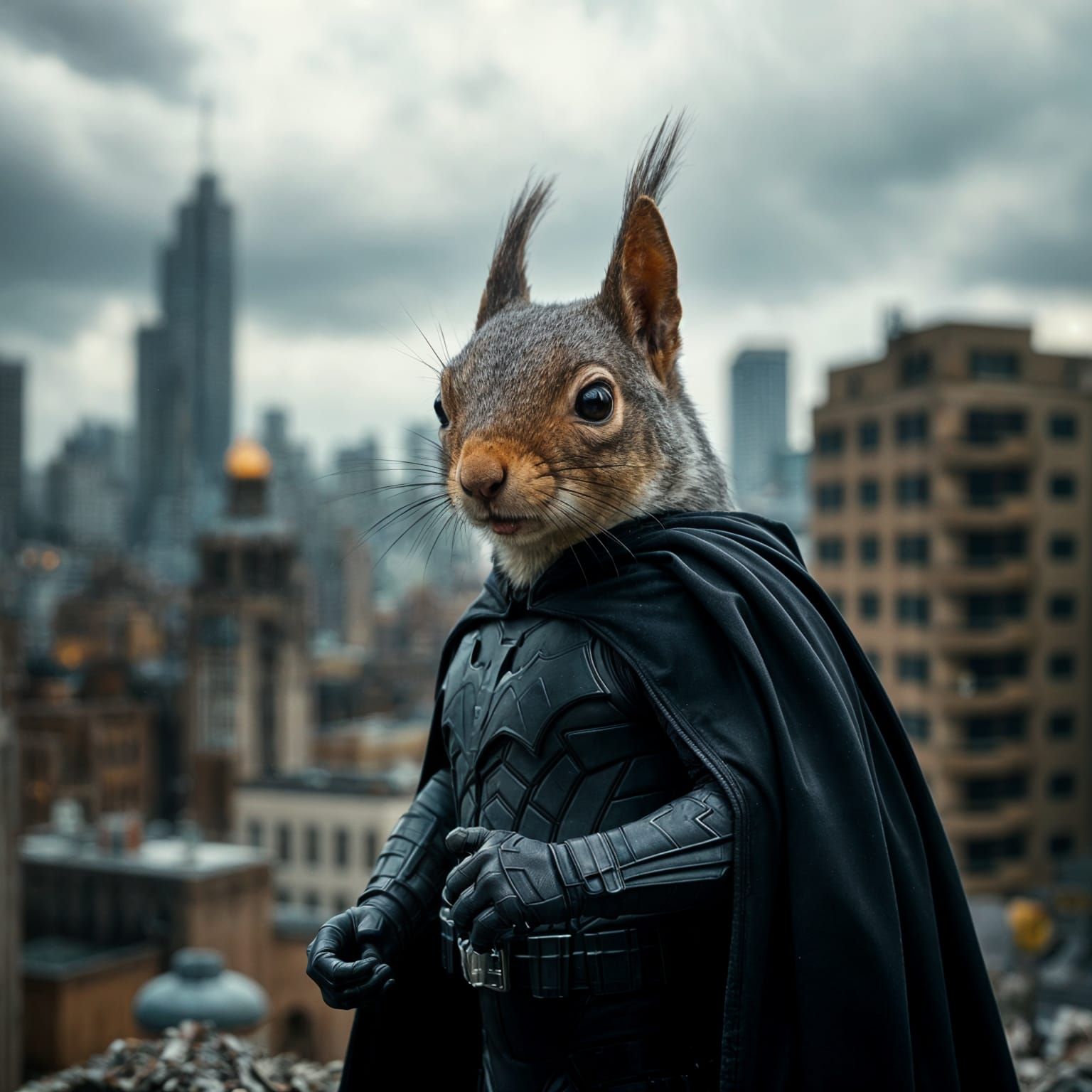 Squirrel as Batman in Ruined City: Hyperrealistic Digital Ar...