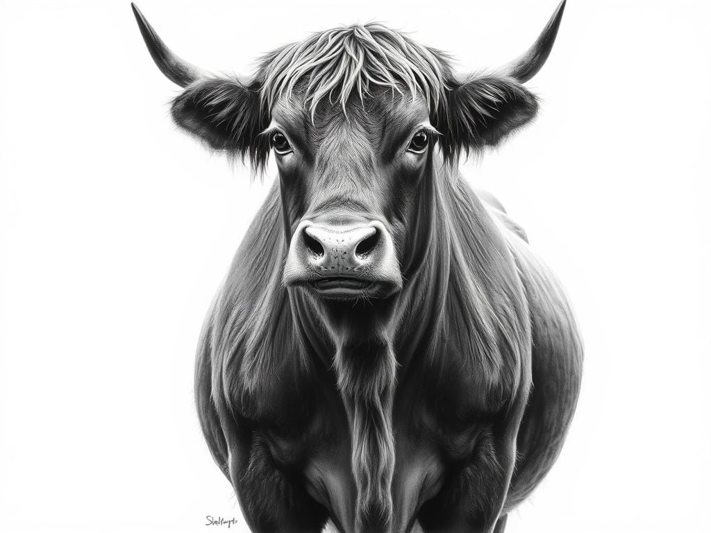 Majestic Cow in Hyper-Detailed Charcoal Pencil Drawing