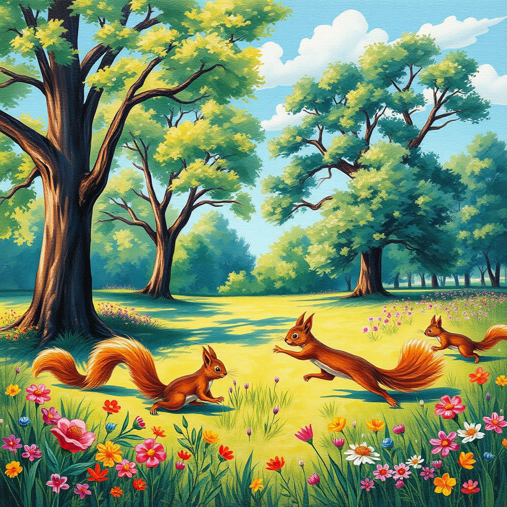 Squirrels Frolic in Impressionistic Summer Park Scene
