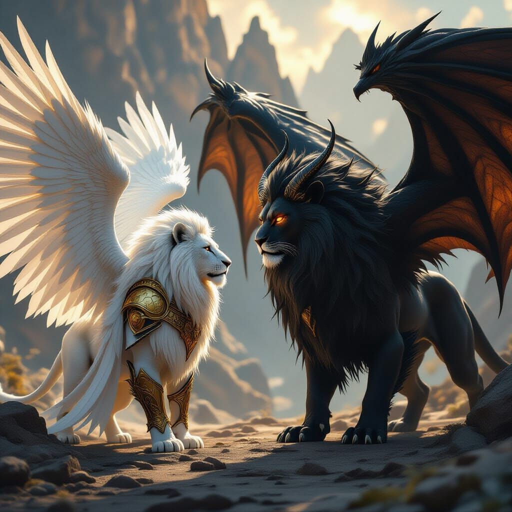 Winged Lions Clash in Epic Fantasy Battle