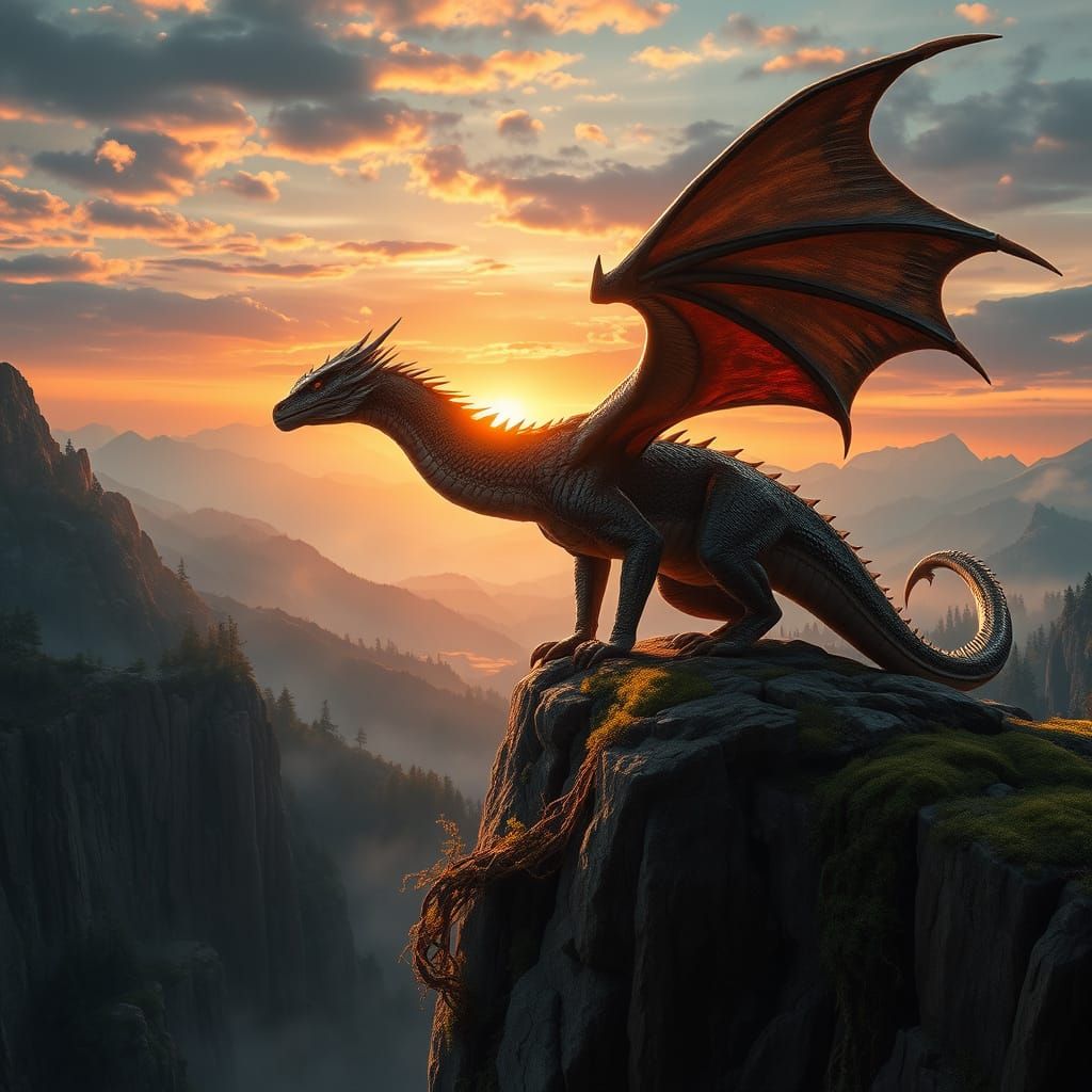 Dragon at Cliff's Edge, Fantasy Concept Art in Matte Paintin...
