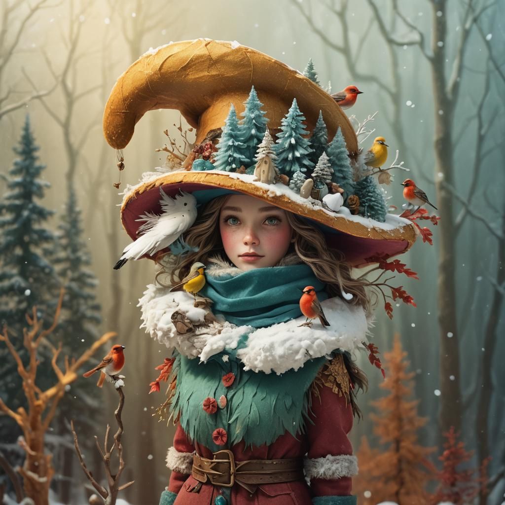 Winter Forest Diorama Hat: Fantasy Illustration