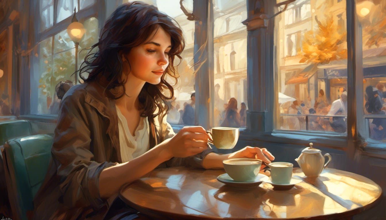 Serene Girl Sipping Coffee: Manga-Inspired Digital Painting