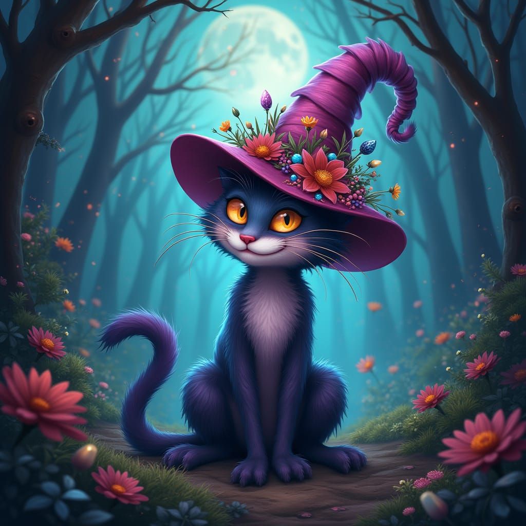 Whimsical Cheshire Cat in Lush, Iridescent Forest